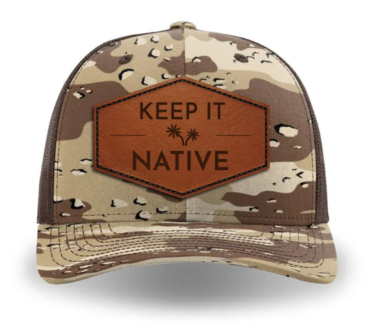 "Keep it Native" Trucker Hat Desert Camo front/brown back